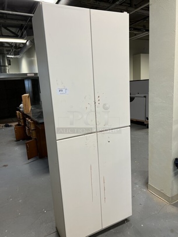 White Wooden 4 Door Cabinet. 30x16x84. (room 128) - Image 2 of 4