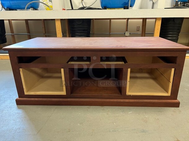 Wooden TV Stand. Missing Drawers and Doors. 58x26x21. (room 128)