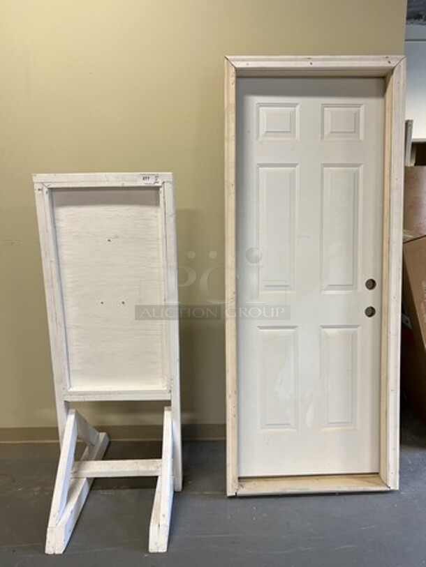 2 Wooden Items; Door and Sign. 23x32x62, 33.5x6x82.5. 2 Times Your Bid! (room 128)