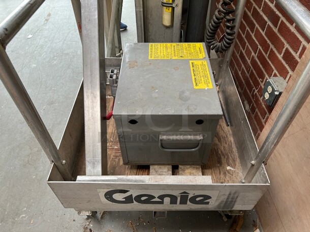 Genie Model PLC-30DC Metal Personnel Lift. 300 Pound Capacity. Unit Needs a New Chain. 28x48x91. (loading dock) - Image 5 of 12