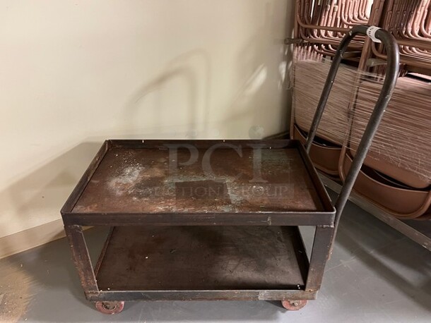 Brown Metal Push Cart w/ Handle and Under Shelf on Commercial Casters. 19x34x39.5. (room 130)