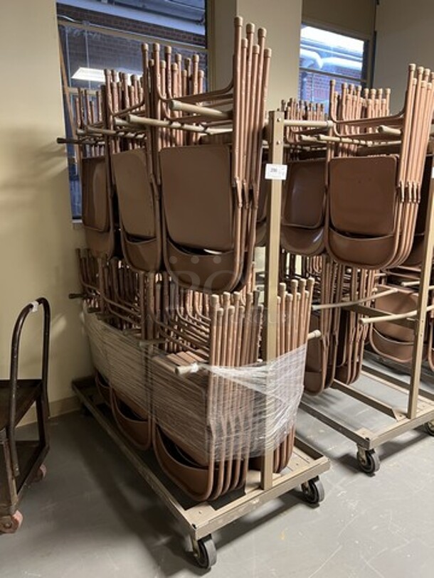 Brown Metal Portable Folding Chair Cart on Commercial Casters w/ 41 Brown Metal Folding Chairs. 60x30x69, 18x2x38. (room 130)