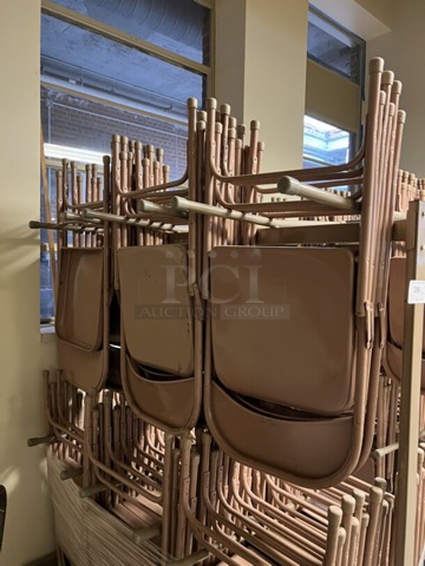 Brown Metal Portable Folding Chair Cart on Commercial Casters w/ 41 Brown Metal Folding Chairs. 60x30x69, 18x2x38. (room 130) - Image 2 of 4