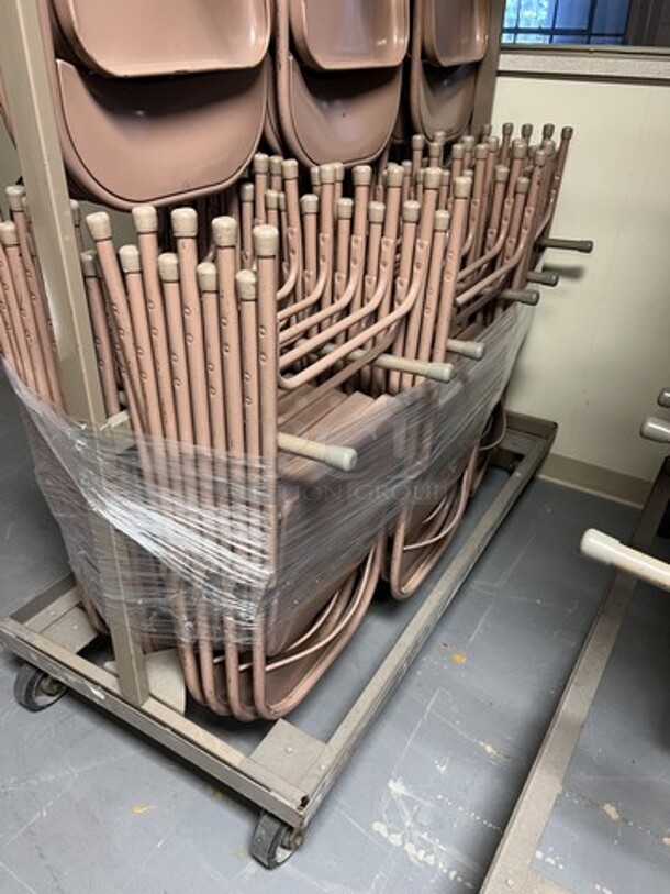 Brown Metal Portable Folding Chair Cart on Commercial Casters w/ 41 Brown Metal Folding Chairs. 60x30x69, 18x2x38. (room 130) - Image 4 of 4