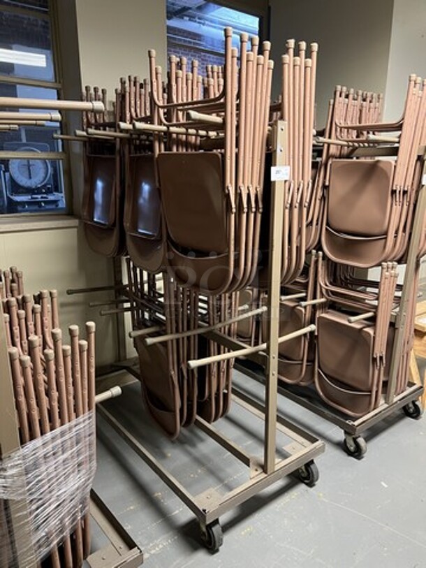 Brown Metal Portable Folding Chair Cart on Commercial Casters w/ 24 Brown Metal Folding Chairs. 60x30x69, 18x2x38. (room 130)