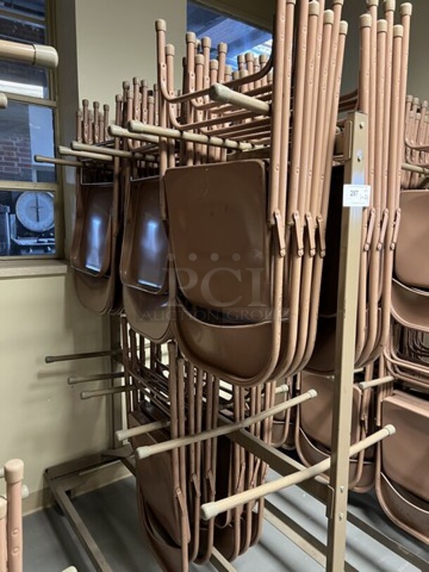 Brown Metal Portable Folding Chair Cart on Commercial Casters w/ 24 Brown Metal Folding Chairs. 60x30x69, 18x2x38. (room 130) - Image 2 of 4