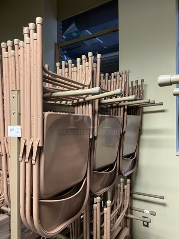 Brown Metal Portable Folding Chair Cart on Commercial Casters w/ 24 Brown Metal Folding Chairs. 60x30x69, 18x2x38. (room 130) - Image 3 of 4