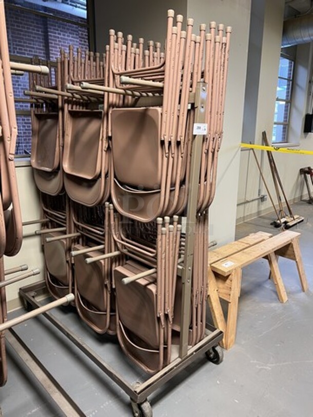 Brown Metal Portable Folding Chair Cart on Commercial Casters w/ 36 Brown Metal Folding Chairs. 60x30x69, 18x2x38. (room 130)