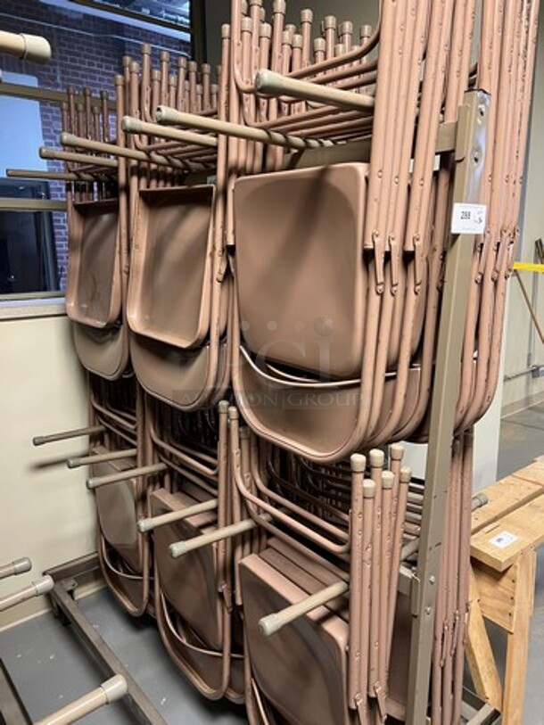 Brown Metal Portable Folding Chair Cart on Commercial Casters w/ 36 Brown Metal Folding Chairs. 60x30x69, 18x2x38. (room 130) - Image 2 of 4