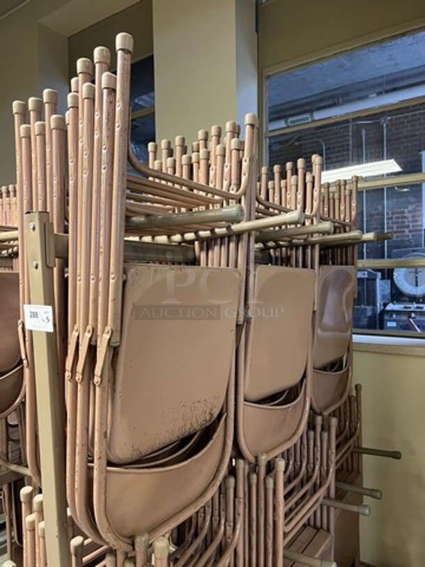 Brown Metal Portable Folding Chair Cart on Commercial Casters w/ 36 Brown Metal Folding Chairs. 60x30x69, 18x2x38. (room 130) - Image 3 of 4