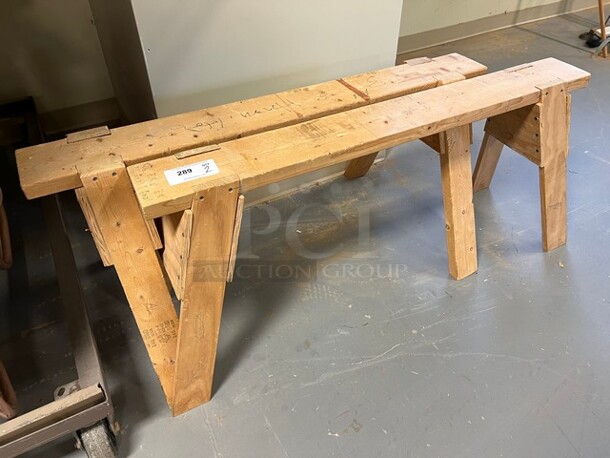 2 Wooden Saw Horses. 48x26x22, 48x15x22. 2 Times Your Bid! (room 130)