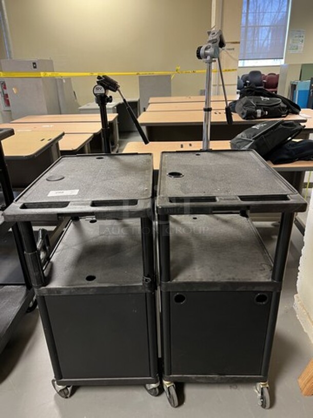 2 Black Poly 2 Tier AV Cart on Commercial Casters. 18x28x58, 18x28x53. 2 Times Your Bid! (room 130)