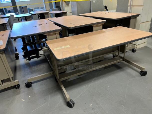 6 Wood Pattern Tables on Metal Frame w/ Casters. 60x30x31. 6 Times Your Bid! (room 130) - Image 4 of 4