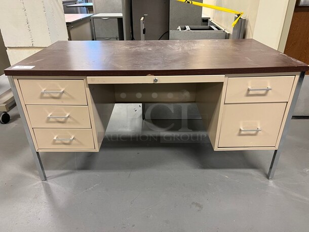 2 Tan Metal Desks w/ Wood Pattern Desktop. 60x30x30. 2 Times Your Bid! (room 130)