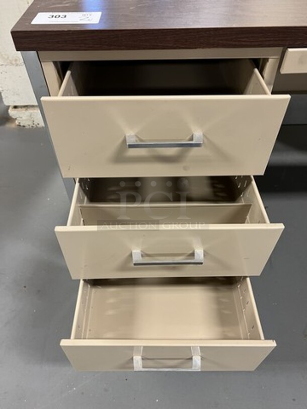 2 Tan Metal Desks w/ Wood Pattern Desktop. 60x30x30. 2 Times Your Bid! (room 130) - Image 2 of 6