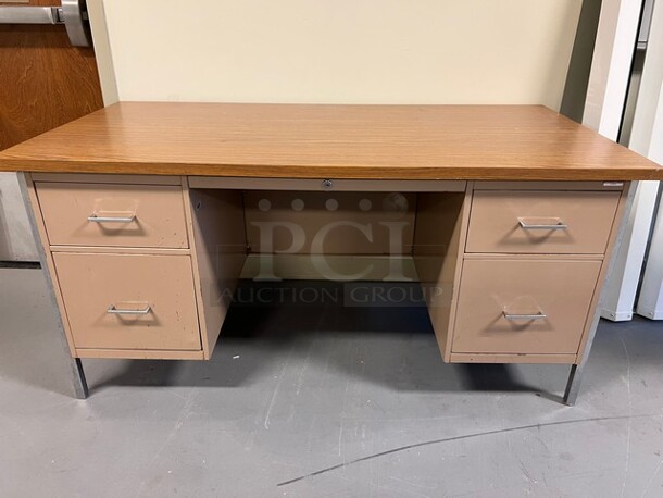 2 Tan Metal Desks w/ Wood Pattern Desktop. 60x30x30. 2 Times Your Bid! (room 130) - Image 4 of 6