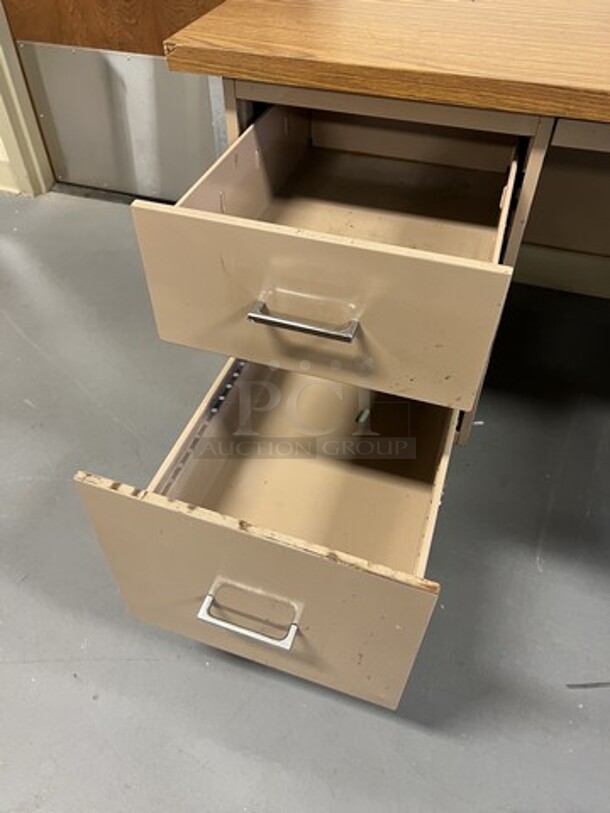 2 Tan Metal Desks w/ Wood Pattern Desktop. 60x30x30. 2 Times Your Bid! (room 130) - Image 5 of 6