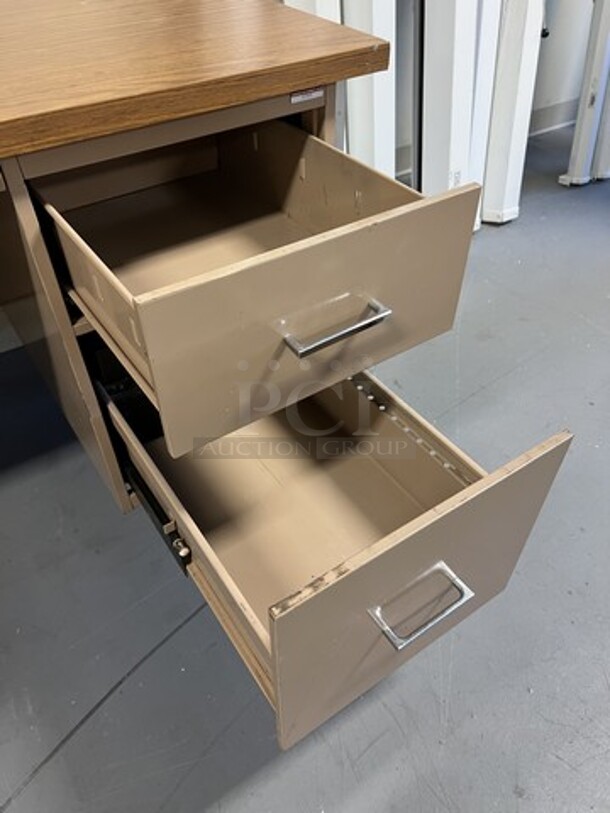 2 Tan Metal Desks w/ Wood Pattern Desktop. 60x30x30. 2 Times Your Bid! (room 130) - Image 6 of 6