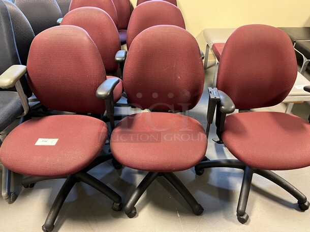 9 Maroon Office Chairs w/ Arm Rests on Casters. Includes 25x23x36. 9 Times Your Bid! (room 130)