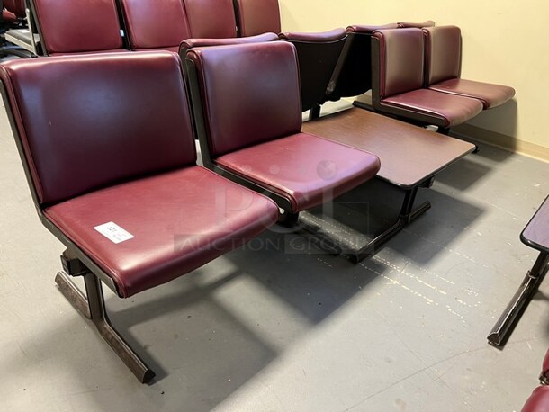 Gray Metal Bench w/ Maroon Cushions and Center Wood Pattern Tabletop. 120x30x30. (room 130)