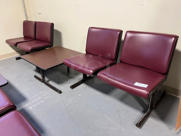 Gray Metal Bench w/ Maroon Cushions and Center Wood Pattern Tabletop. 120x30x30. (room 130)