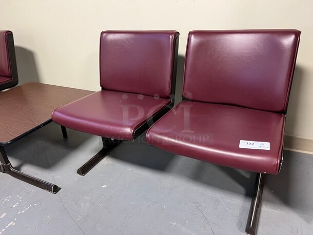 Gray Metal Bench w/ Maroon Cushions and Center Wood Pattern Tabletop. 120x30x30. (room 130) - Image 2 of 3
