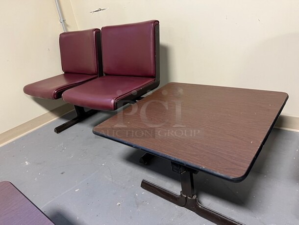 Gray Metal Bench w/ Maroon Cushions and Center Wood Pattern Tabletop. 120x30x30. (room 130) - Image 3 of 3