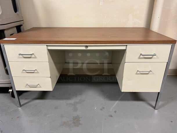 Tan Metal Desk w/ Wood Pattern Desktop. 60x30x29.5. (room 130) - Image 1 of 4