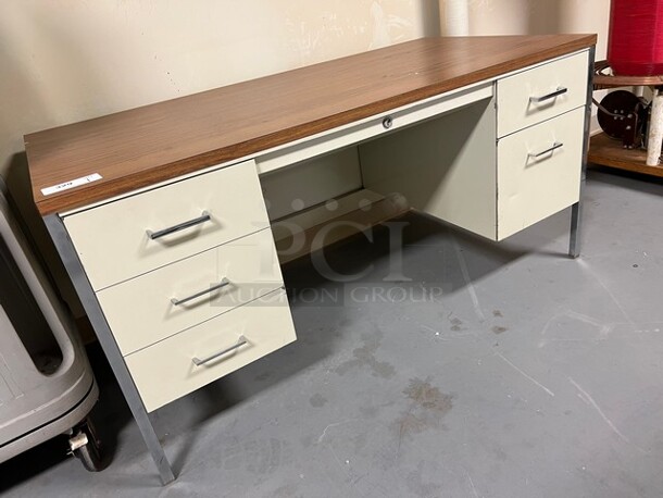 Tan Metal Desk w/ Wood Pattern Desktop. 60x30x29.5. (room 130) - Image 2 of 4