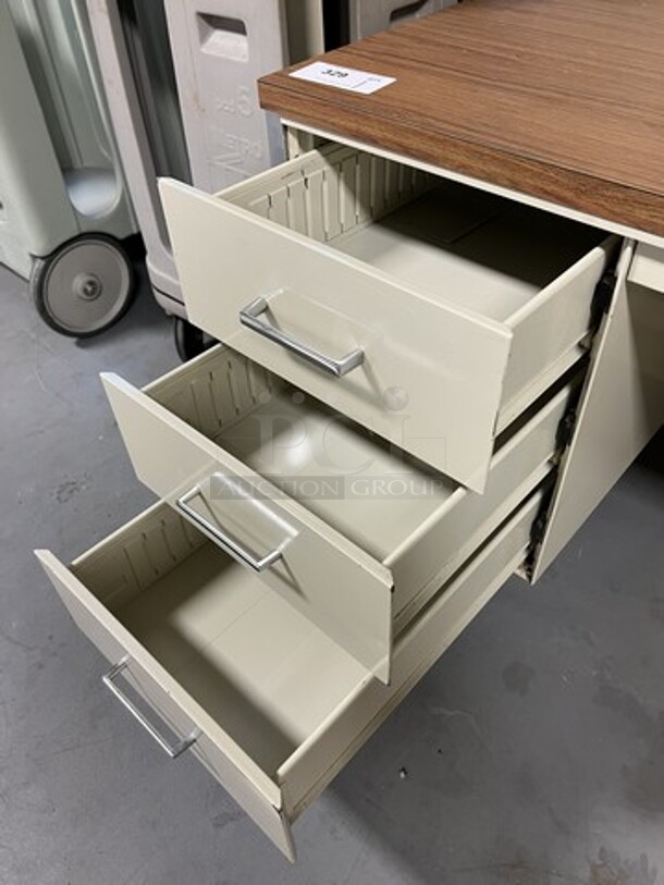 Tan Metal Desk w/ Wood Pattern Desktop. 60x30x29.5. (room 130) - Image 3 of 4
