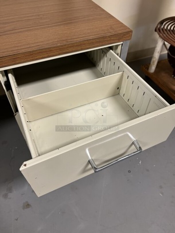 Tan Metal Desk w/ Wood Pattern Desktop. 60x30x29.5. (room 130) - Image 4 of 4