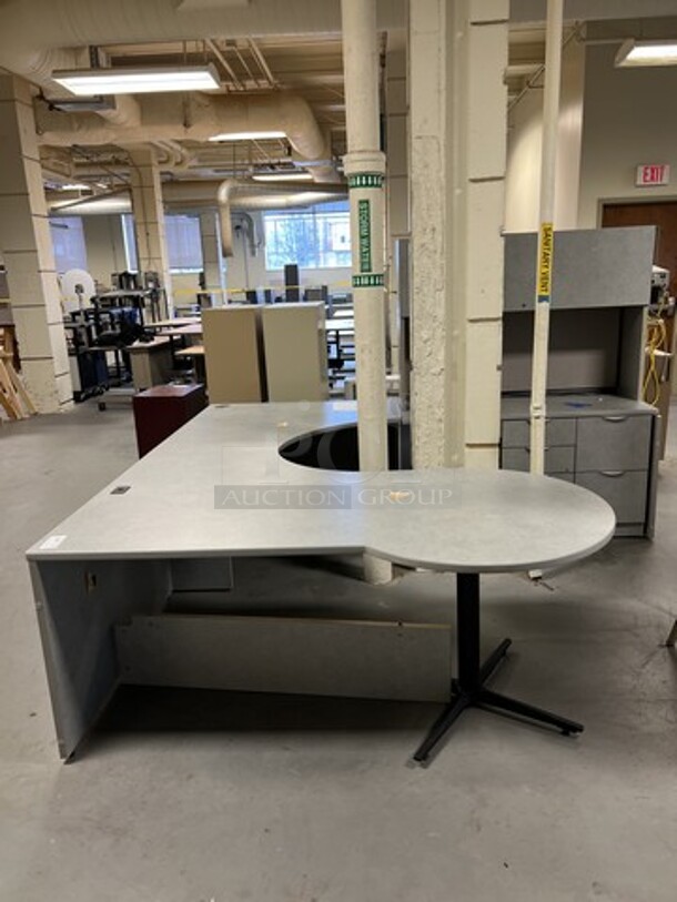 Gray U Shaped Desk w/ Cabinet and Drawers. BUYER MUST REMOVE: Give Yourself Ample Time To Remove This Item on Pick Up Day. 100x102x67. (room 130)