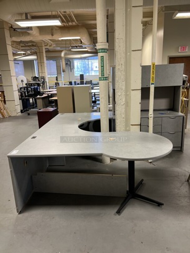 Gray U Shaped Desk w/ Cabinet and Drawers. BUYER MUST REMOVE: Give Yourself Ample Time To Remove This Item on Pick Up Day. 100x102x67. (room 130) - Image 1 of 5
