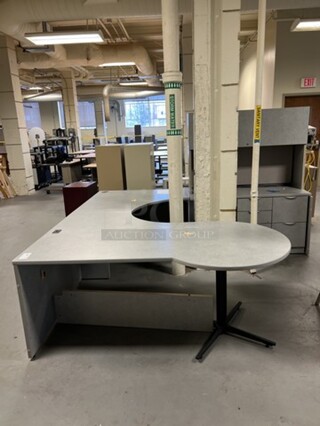 Gray U Shaped Desk w/ Cabinet and Drawers. BUYER MUST REMOVE: Give Yourself Ample Time To Remove This Item on Pick Up Day. 100x102x67. (room 130)