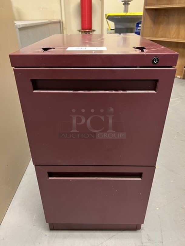 Maroon Metal 2 Drawer Filing Cabinet. 15x21.5x28. (room 130)