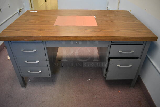 Gray Metal Desk w/ Wood Pattern Tabletop. BUYER MUST REMOVE. (Clearview Elementary - Room 11.5)