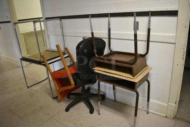 ALL ONE MONEY! Lot of 2 Chairs and 2 Desks. Does Not Include Brown Desks Shown In Pictures. BUYER MUST REMOVE. Includes 23x28x27. (Clearview Elementary - Upstairs Hallway) - Image 1 of 4
