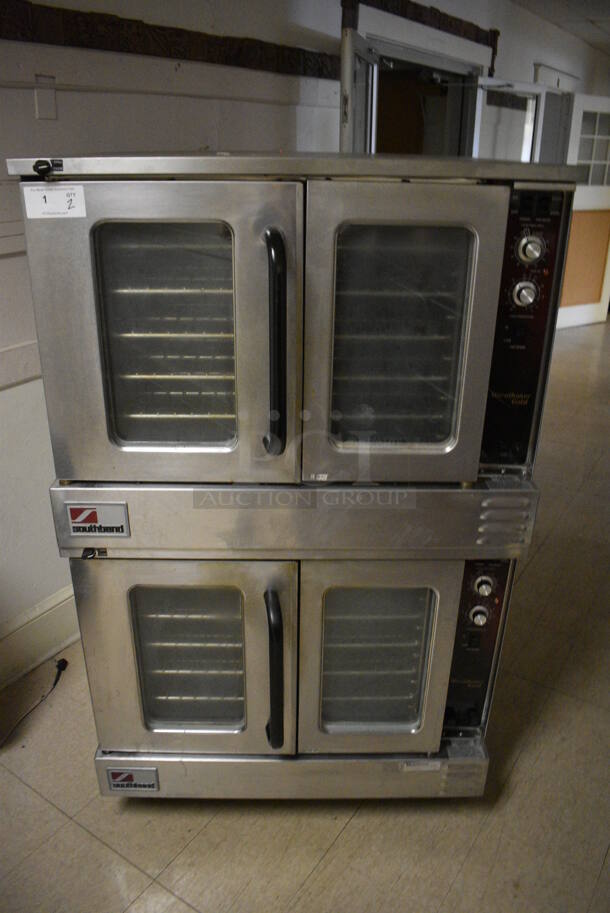 2 Southbend Marathoner Gold Model ES-20PC Stainless Steel Commercial Gas Powered Full Size Convection Ovens w/ View Through Doors, Metal Oven Racks and Thermostatic Controls on Commercial Casters. BUYER MUST REMOVE. 38x42x63.5. 2 Times Your Bid! (Clearview Elementary - Upstairs Hallway)