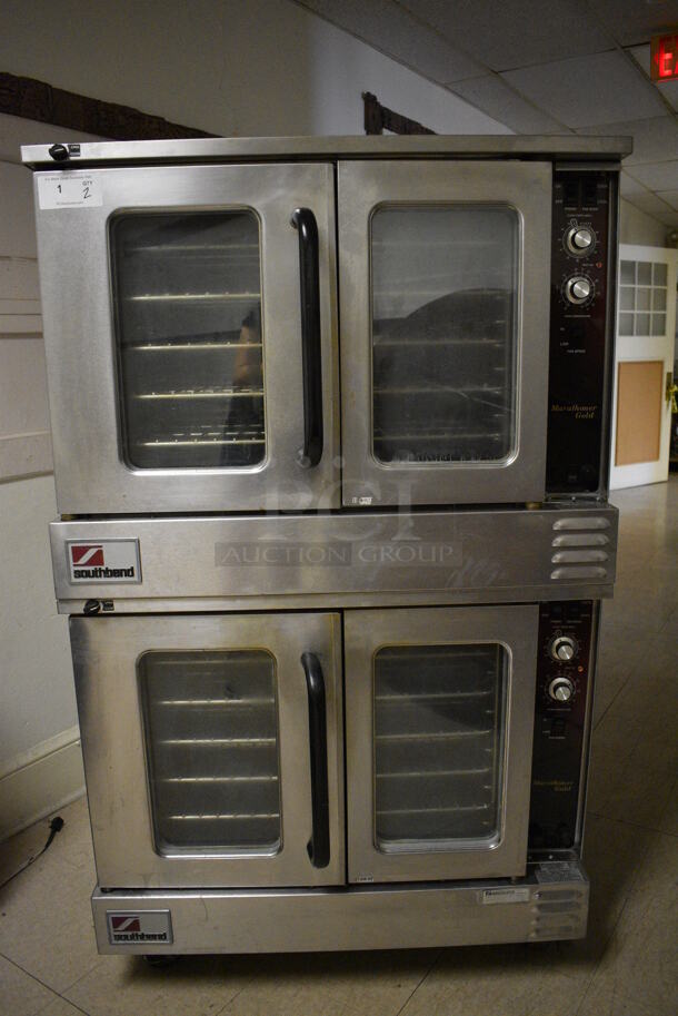 2 Southbend Marathoner Gold Model ES-20PC Stainless Steel Commercial Gas Powered Full Size Convection Ovens w/ View Through Doors, Metal Oven Racks and Thermostatic Controls on Commercial Casters. BUYER MUST REMOVE. 38x42x63.5. 2 Times Your Bid! (Clearview Elementary - Upstairs Hallway) - Image 3 of 11