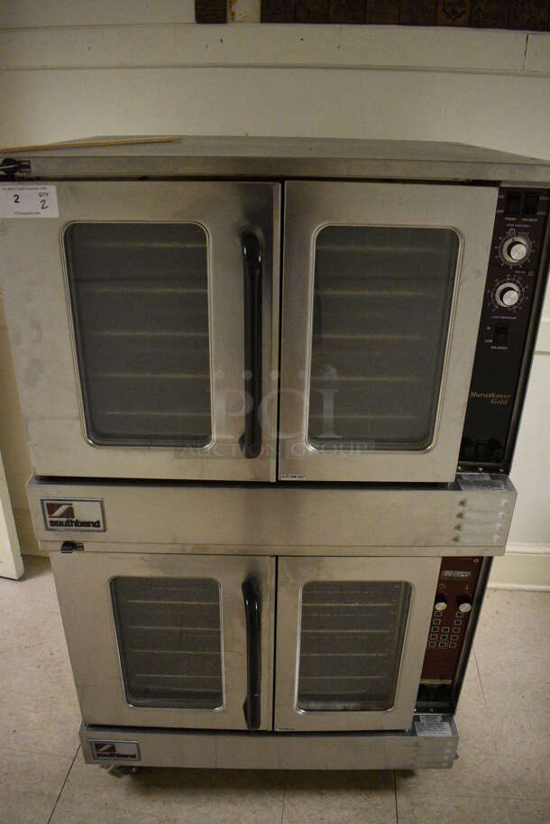2 Southbend Marathoner Gold Stainless Steel Commercial Gas Powered Full Size Convection Ovens w/ View Through Doors, Metal Oven Racks and Thermostatic Controls on Commercial Casters. BUYER MUST REMOVE. 38x42x63.5. 2 Times Your Bid! (Clearview Elementary - Upstairs Hallway) - Image 1 of 10