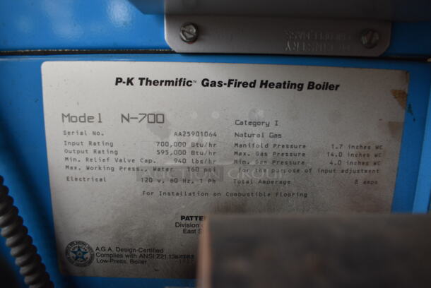 PK Thermific Model N-700 Metal Floor Style Natural Gas Fired Heating Boiler. BUYER MUST REMOVE. 20x46x56 (stadium) - Image 5 of 7
