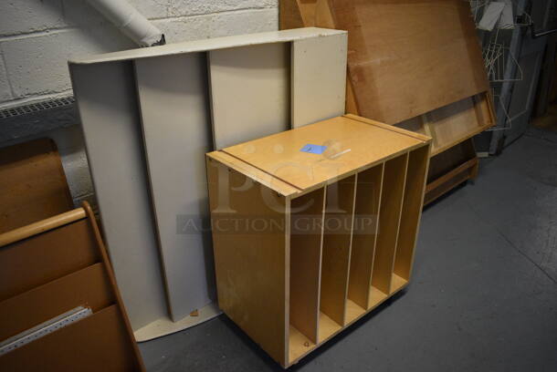 ALL ONE MONEY! Lot of Various Wood Pattern Items Including Magazine Rack and Shelving. Does NOT Include Lumber Behind Units. BUYER MUST REMOVE. Includes 49x33x11. (Clearview Elementary - Lower Level) - Image 3 of 5