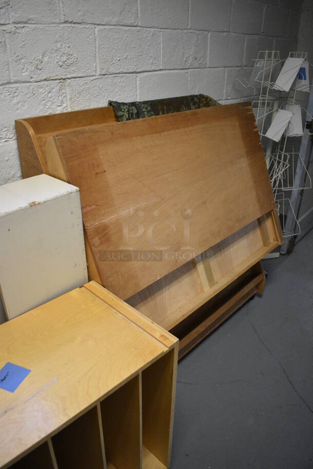ALL ONE MONEY! Lot of Various Wood Pattern Items Including Magazine Rack and Shelving. Does NOT Include Lumber Behind Units. BUYER MUST REMOVE. Includes 49x33x11. (Clearview Elementary - Lower Level) - Image 4 of 5