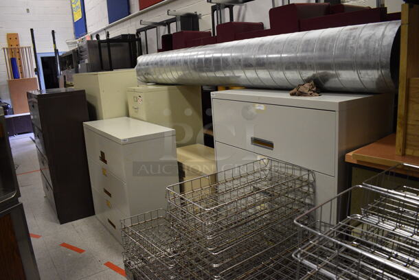 ALL ONE MONEY! Lot of Various Items Including Desks, Filing Cabinets, Stainless Steel Sink. Does Not Include Metal Pan Transport Rack, Metal Baskets, Ramp and One Tan File Drawer Cabinet. BUYER MUST REMOVE. Includes 60x28x29. (Clearview Elementary - Gym) - Image 11 of 12