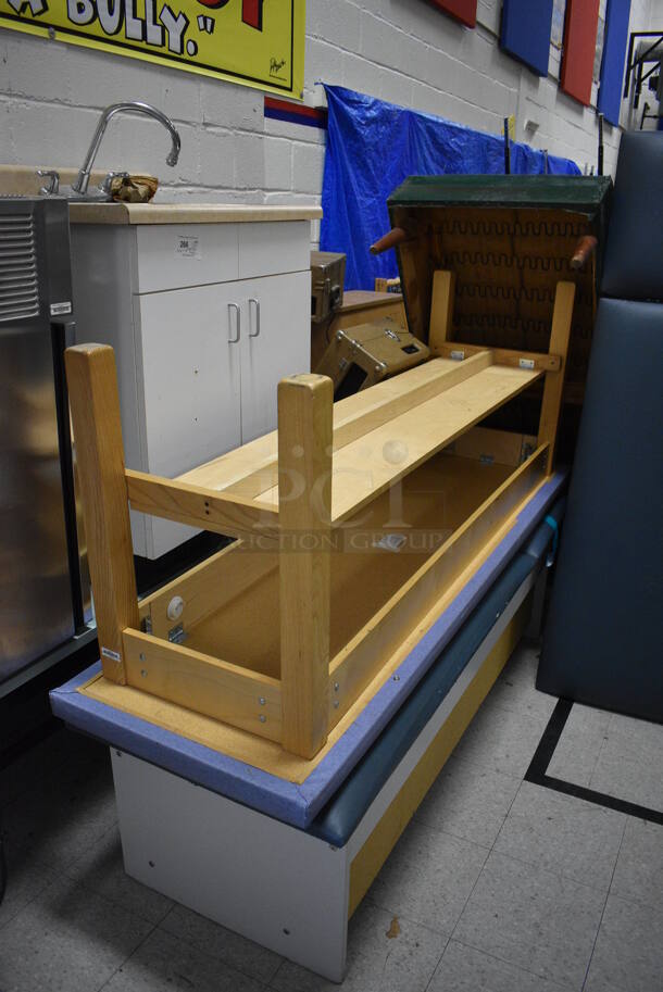 ALL ONE MONEY! Lot of Various Items Including Tables, Cabinet, Desks, Blue Portable Cabinets. Does Not Include Portable Record Players. BUYER MUST REMOVE. Includes 33.5x25.5x39.5. (Clearview Elementary - Gym) - Image 2 of 6