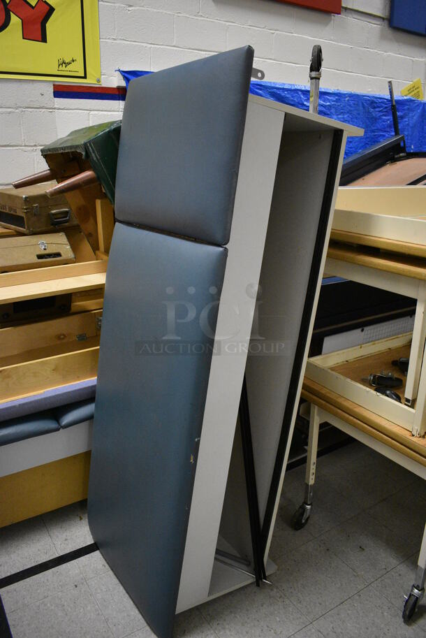 ALL ONE MONEY! Lot of Various Items Including Tables, Cabinet, Desks, Blue Portable Cabinets. Does Not Include Portable Record Players. BUYER MUST REMOVE. Includes 33.5x25.5x39.5. (Clearview Elementary - Gym) - Image 3 of 6