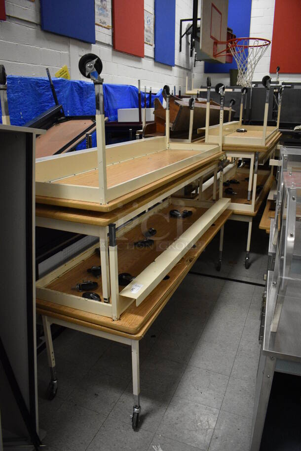 ALL ONE MONEY! Lot of Various Items Including Tables, Cabinet, Desks, Blue Portable Cabinets. Does Not Include Portable Record Players. BUYER MUST REMOVE. Includes 33.5x25.5x39.5. (Clearview Elementary - Gym) - Image 4 of 6