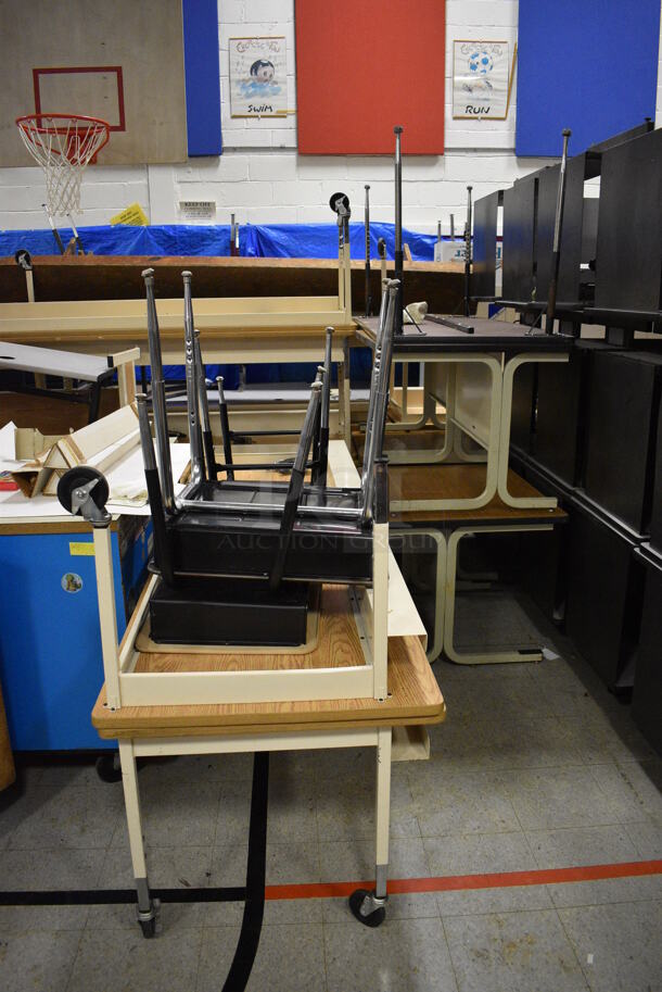 ALL ONE MONEY! Lot of Various Items Including Tables, Cabinet, Desks, Blue Portable Cabinets. Does Not Include Portable Record Players. BUYER MUST REMOVE. Includes 33.5x25.5x39.5. (Clearview Elementary - Gym) - Image 6 of 6