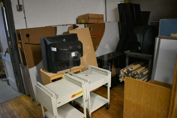 ALL ONE MONEY! Lot of Various Items Including Whiteboards, AV Cart, Television, Carts and Maps. BUYER MUST REMOVE. Includes 21x21x30. (Clearview Elementary - Stage) - Image 4 of 10