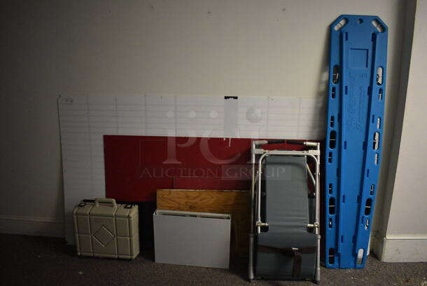 ALL ONE MONEY! Lot of Various Items Including HDX Backboard Stretcher, Boards and Tan Case. BUYER MUST REMOVE. (Clearview Elementary - Upstairs Hallway)